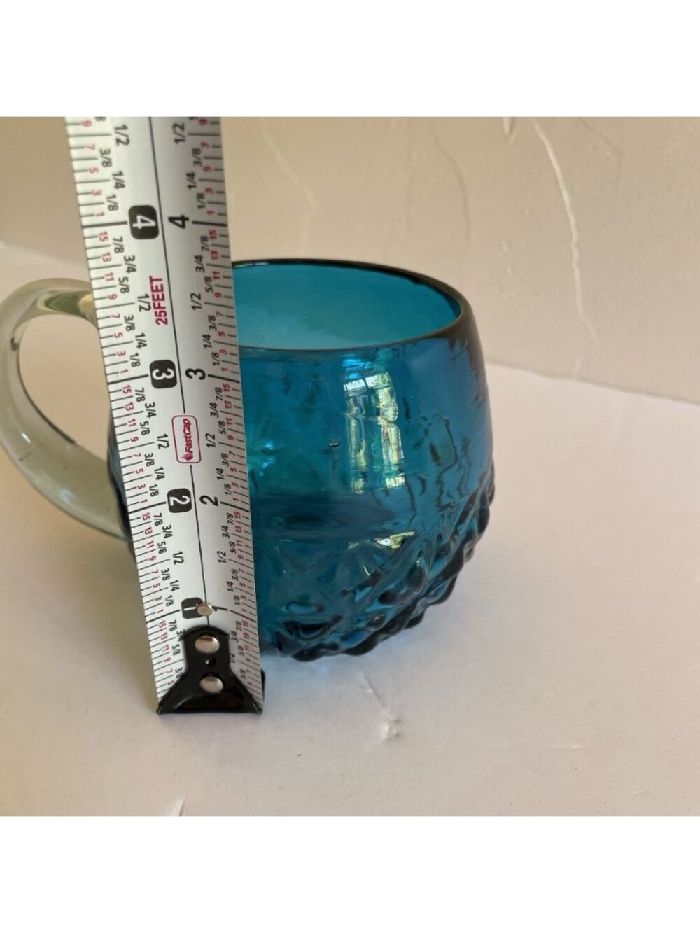 Blue Glass Hand Blown Coffee Mug Cup With Clear Glass Applied Handle 8oz - Picture 8 of 10